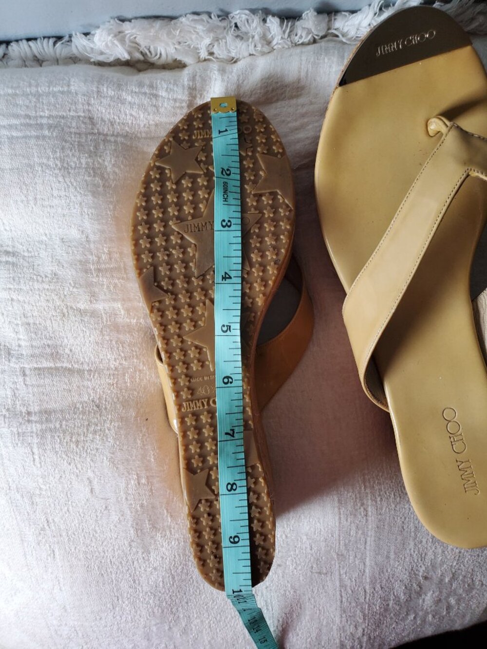 Jimmy Choo Patent Leather Cork Wedge Sandals Yellow Resort Thong Y2K Design 40.5 - Picture 9 of 15